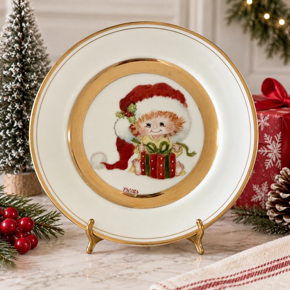 Vintage Phyllis Christmas Plate, Child with Gift, Gold Trim Porcelain (8 Inch)